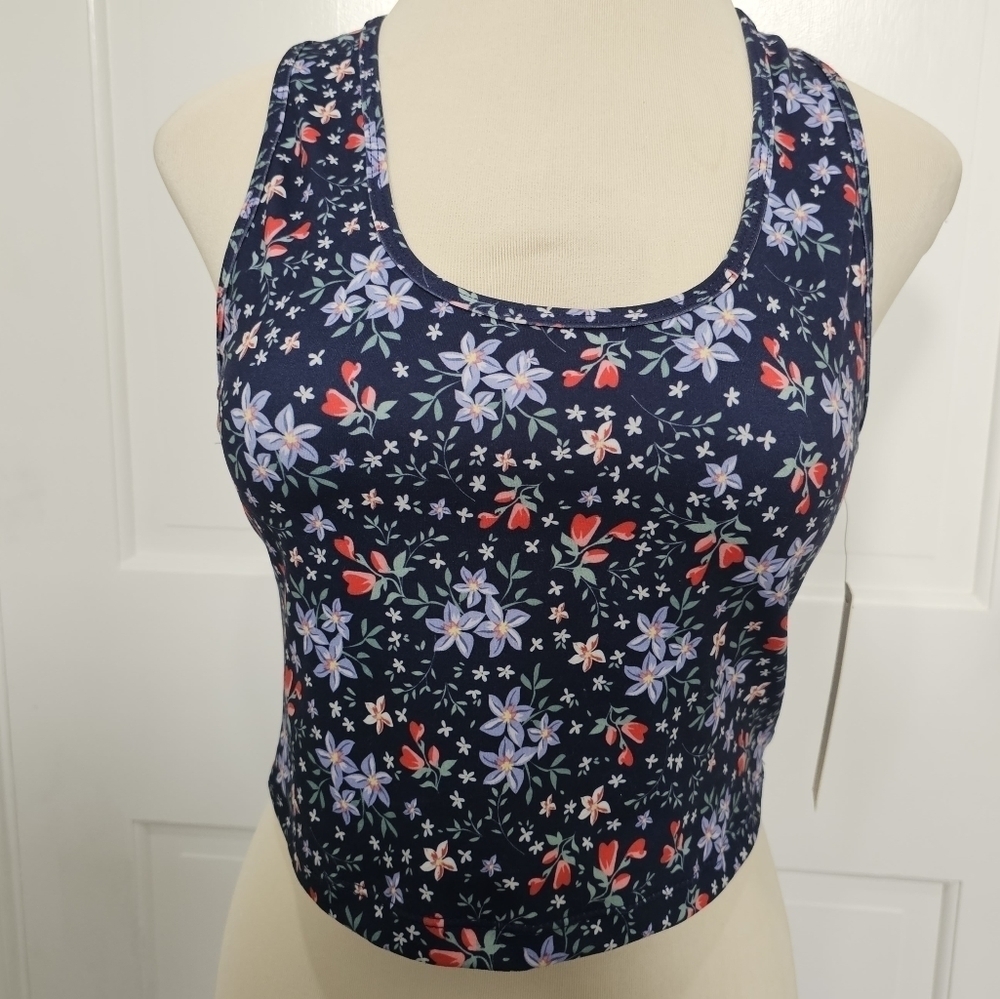Evolution And Creation Navy Floral Racerback Crop Tank Top Sports Bra Size XL - Picture 2 of 8